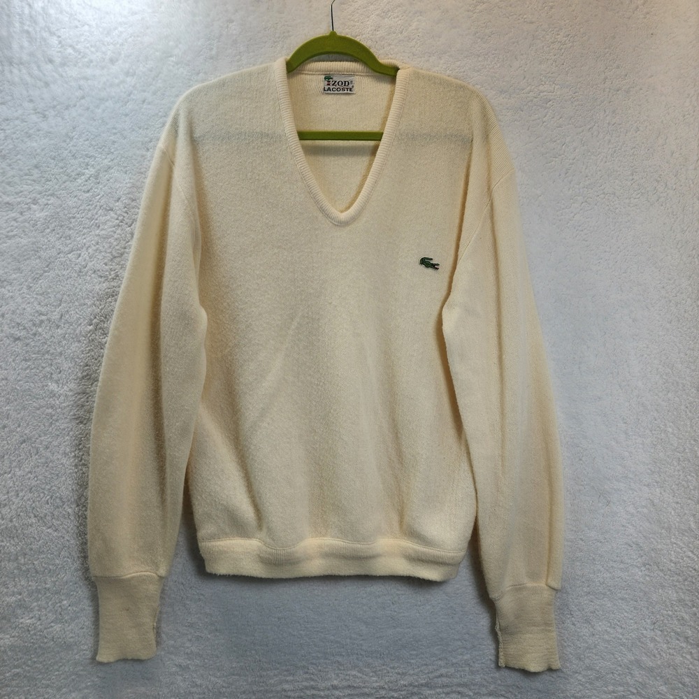 Vintage Izod Lacoste Mens V Neck Knit Sweater Ivory Cream Preppy Classic Neutral
